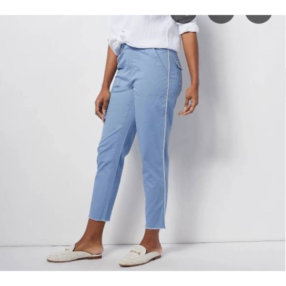 Women Blue khaki Utility Ankle Pants Distressed Hem  pipped Seam Sz. 10 NWOT